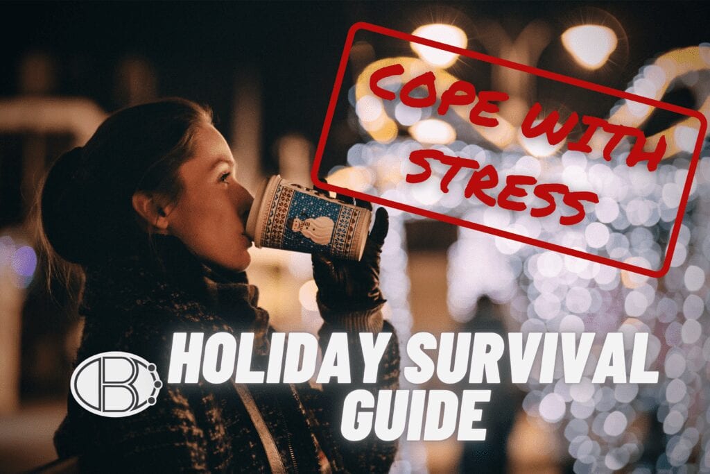 girl drinking coffee from a festive paper cup holiday survival guide cope with stress