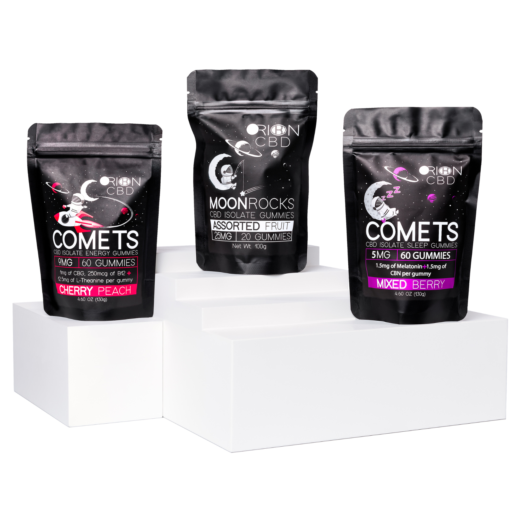 Orion CBD Gummies Bundle featuring Energy Gummies in cherry peach flavor, Sleep Gummies in mixed berry flavor, and Wellness Gummies in assorted fruit flavor, displayed on white blocks against a white background